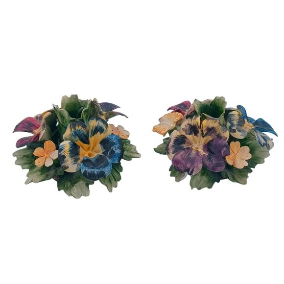 Vintage 1950s Capodimonte Candle Holders With African Violets & Butterflies Flor - Picture 2 of 13